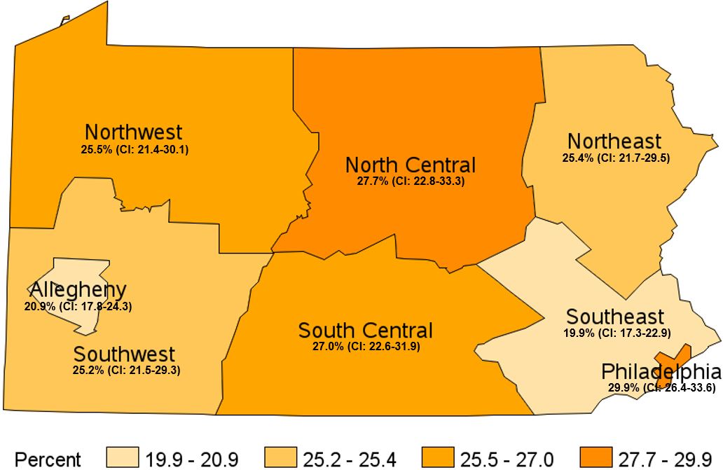 Participated in No Physical Activity in the Past Month, Pennsylvania Health Districts, 2021